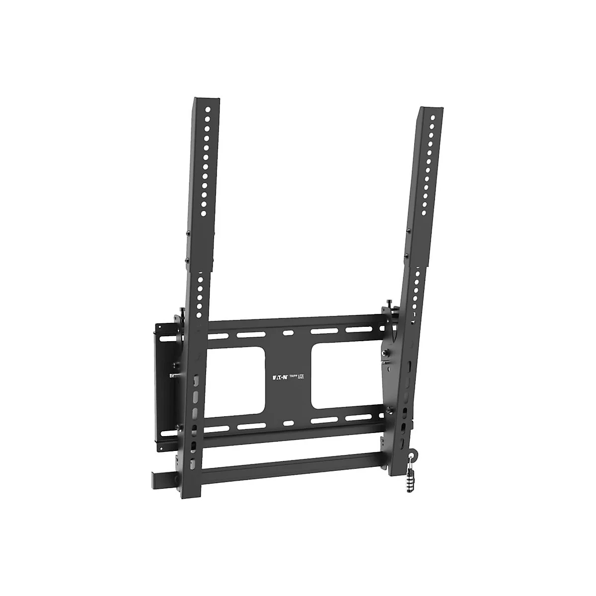 Schwarze TV-Wandhalterung, Marke Eaton Tripp Lite. Vertikal mit Lochreihen für individuelle Einstellungen, vor weißem Hintergrund.