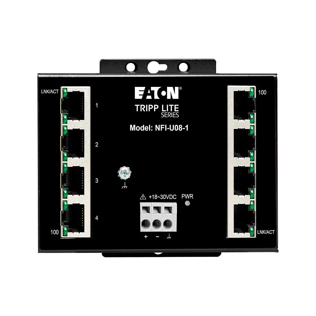 Schwarzes Netzwerkgerät mit Anschlüssen, Beschriftung und dem Schriftzug 'Eaton Tripp Lite'.