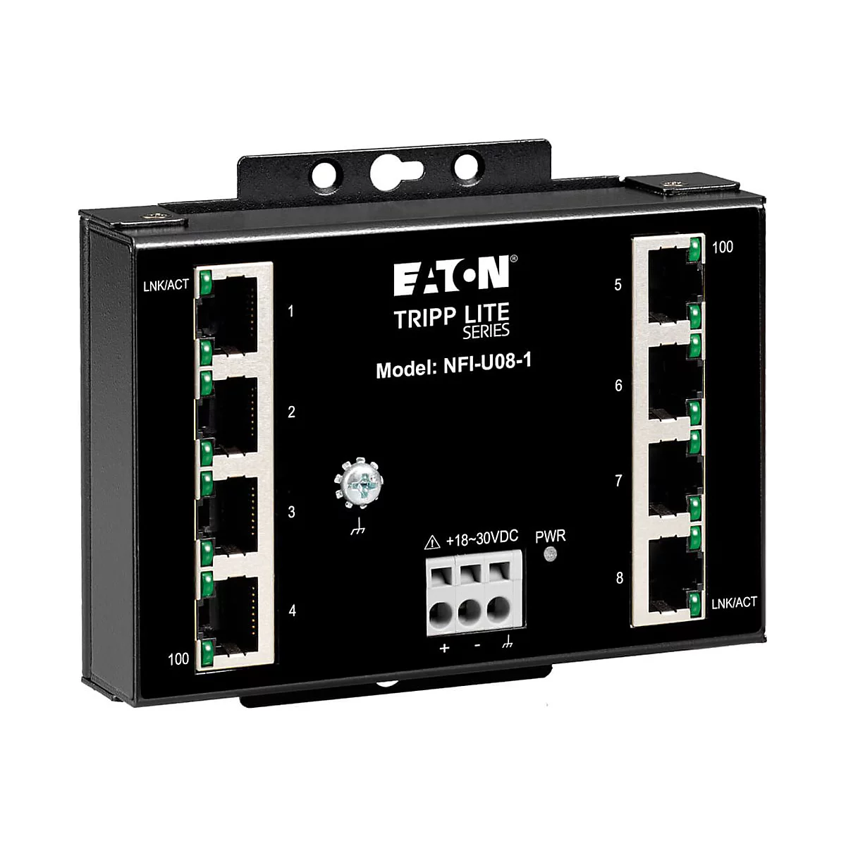 Schwarzer Netzwerk-Switch mit acht Ethernet-Ports, Bezeichnung: Eaton Tripp Lite Series. Ports sind nummeriert, mit LED-Anzeigen.