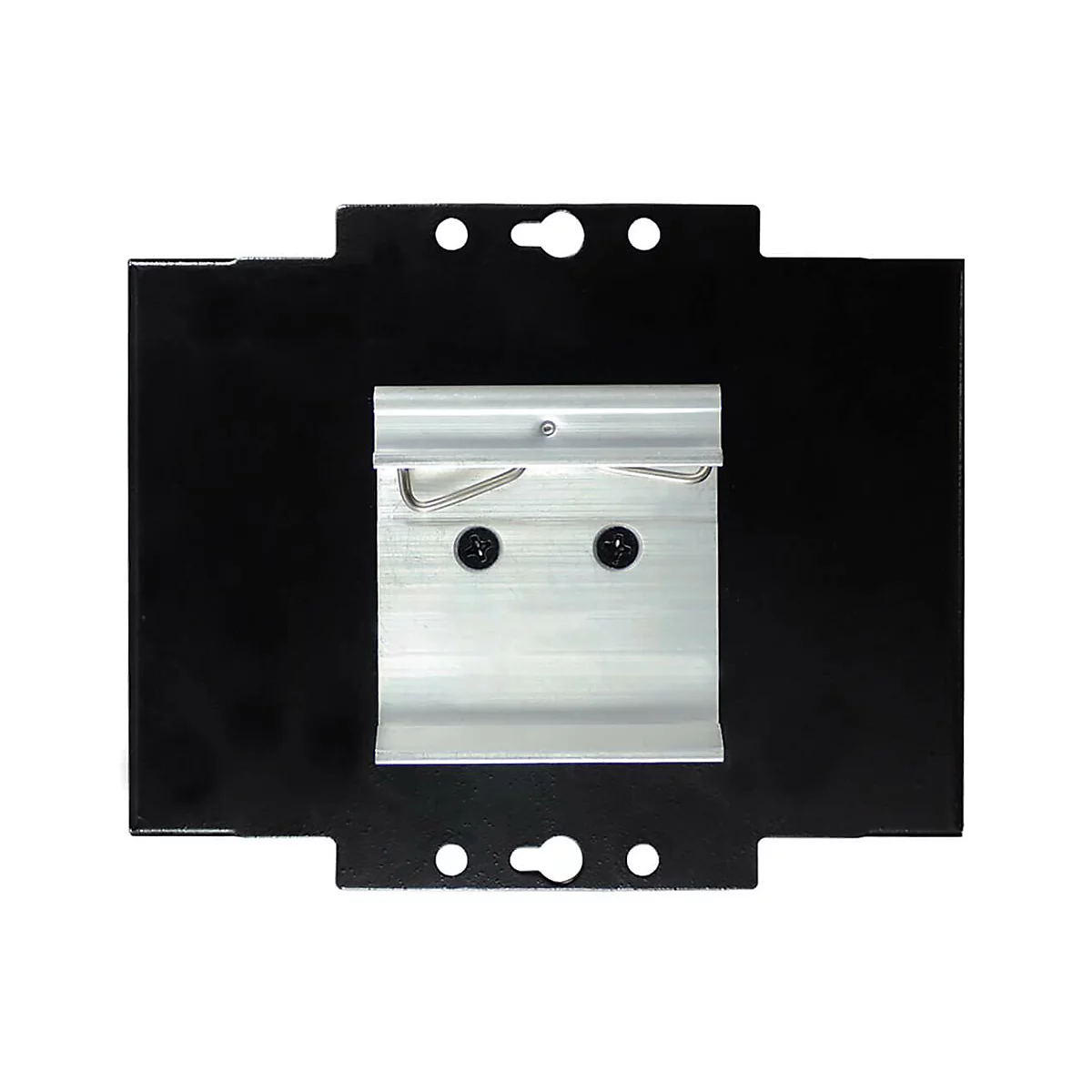 Schwarze Metallplatte mit silberner Halterung; zwei Schrauben halten diese fest.