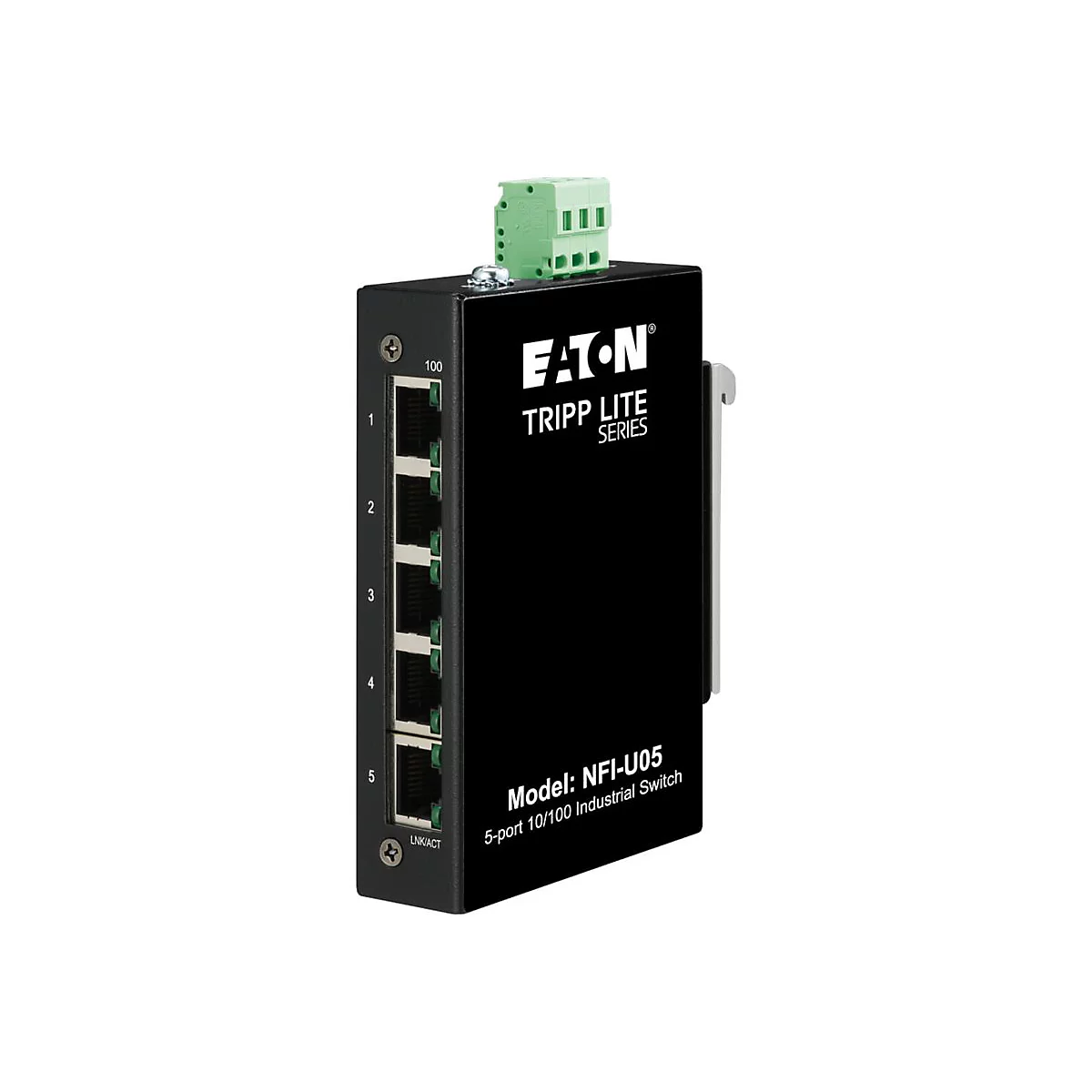 Schwarzer Netzwerk-Switch mit Eaton Tripp Lite-Logo, 5 Ports und grünen Anschlüssen.