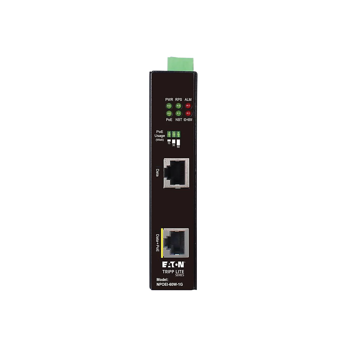 Eaton Tripp Lite Series Industrial Gigabit Ethernet PoE injector, 60W PoE++, 802.3bt, Midspan, -40C to +75C, IP30 housing, Dual 24~57VDC , DIN rail, 1 Port - Power Injector (DIN-Schienenmontage möglich) - Wechselstrom 100-240 V - 60 Watt - Schwarz