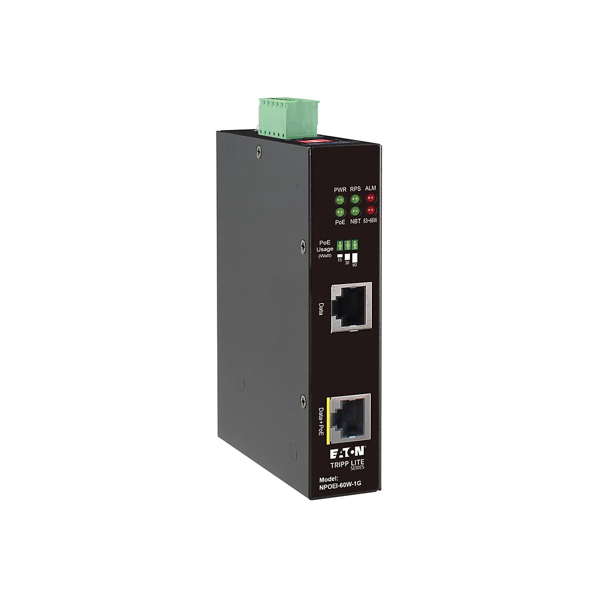 Eaton Tripp Lite Series Industrial Gigabit Ethernet PoE injector, 60W PoE++, 802.3bt, Midspan, -40C to +75C, IP30 housing, Dual 24~57VDC , DIN rail, 1 Port - Power Injector (DIN-Schienenmontage möglich) - Wechselstrom 100-240 V - 60 Watt - Schwarz
