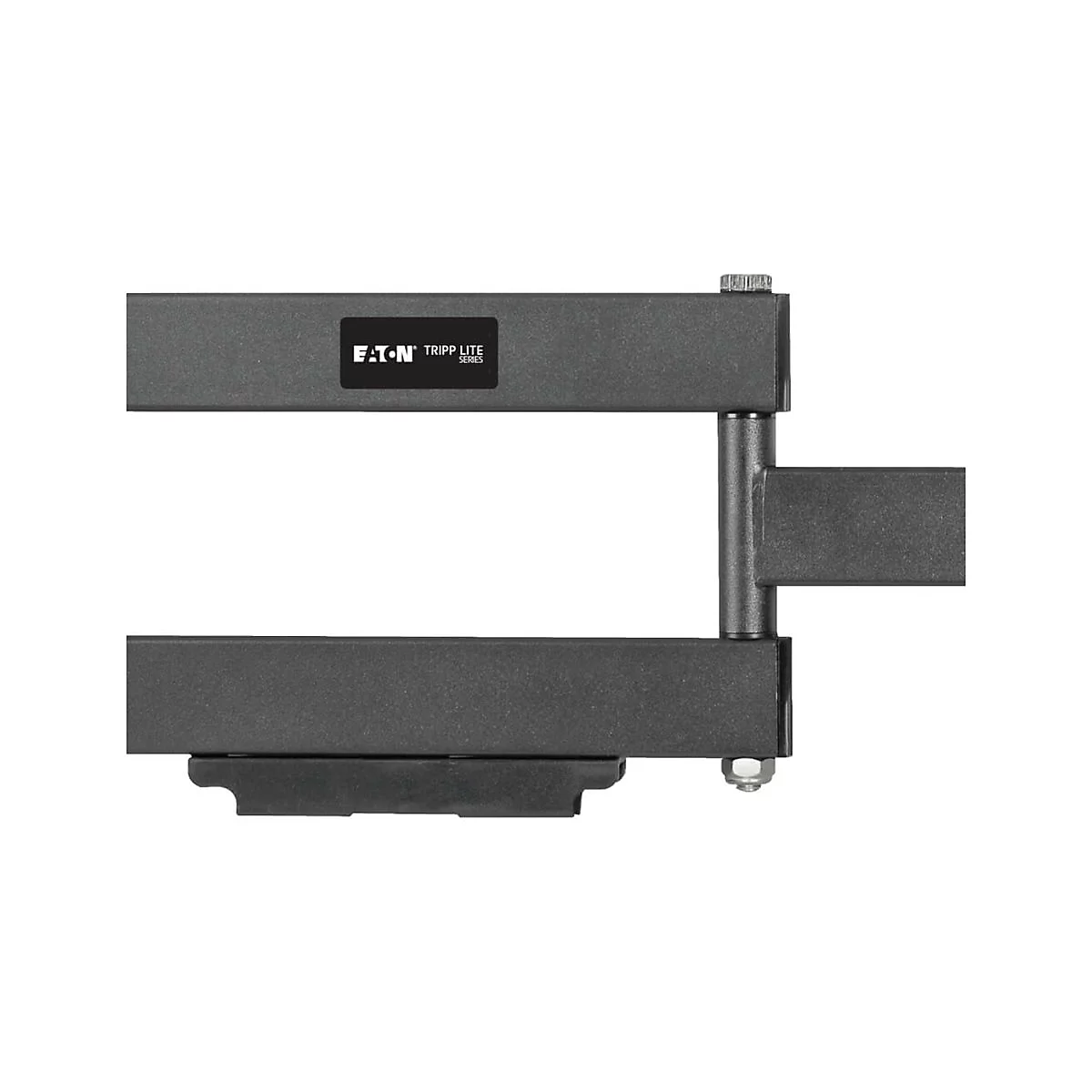 Schwarze Metallkonstruktion mit Eaton Tripp Lite Logo. Eckiges Design, mit Schrauben befestigt.