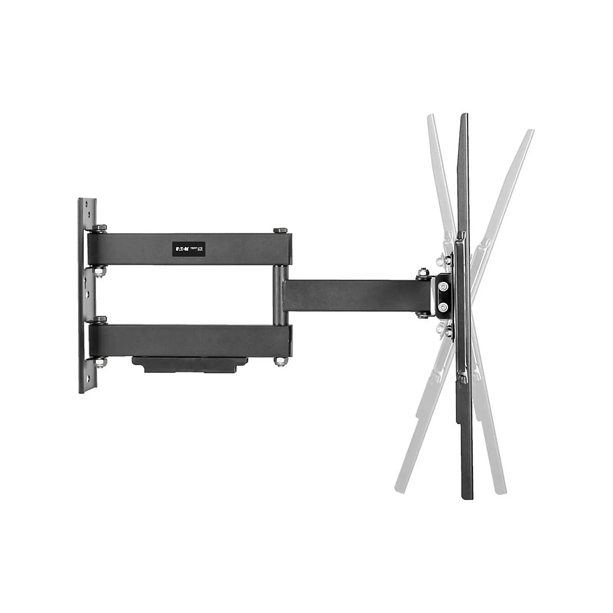 Schwarze TV-Wandhalterung, drehbar, an weißem Hintergrund. Die Halterung hat das Eaton Logo. Eine stilisierte Darstellung der Drehbarkeit wird gezeigt.