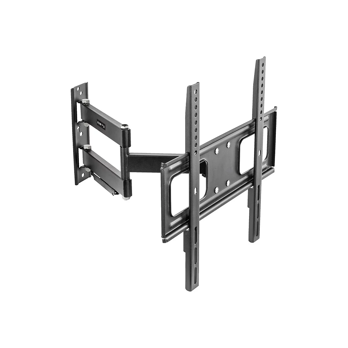 Schwarze TV-Wandhalterung, aus Metall, mit verschiedenen Gelenken und Löchern zur Befestigung.
