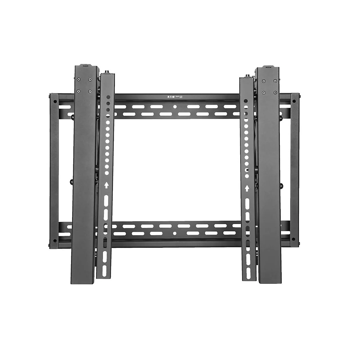 Schwarze TV-Wandhalterung, Metallstruktur mit Löchern und Schlitzen für die Montage.