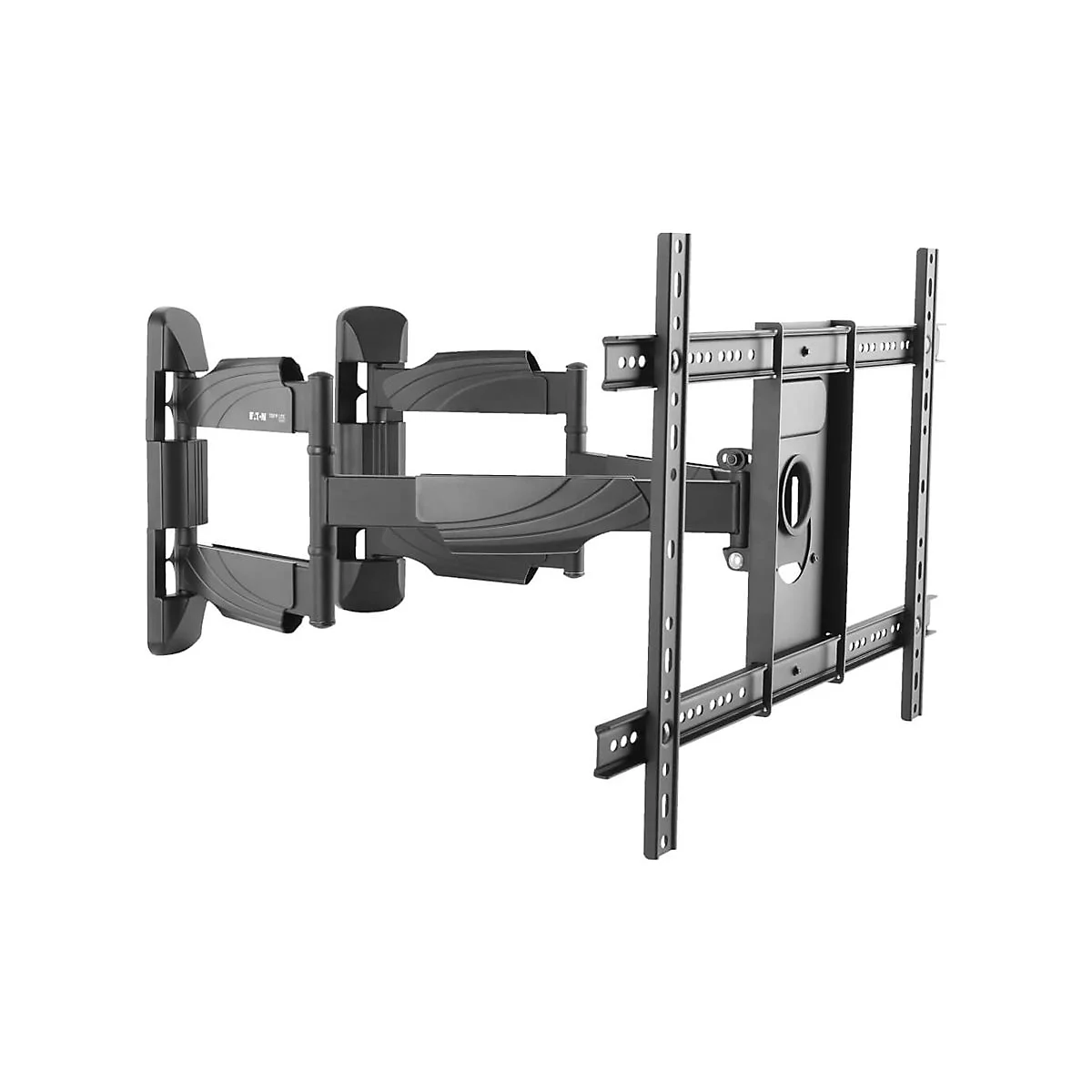 Schwarze TV-Wandhalterung, offen und ausgeklappt, mit mehreren Gelenken und Bohrungen für die Befestigung.