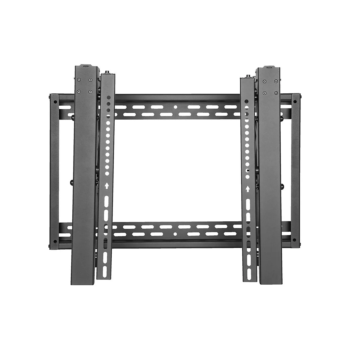 Schwarze TV-Wandhalterung, bestehend aus Metallstreben und Schrauben, vor weißem Hintergrund.