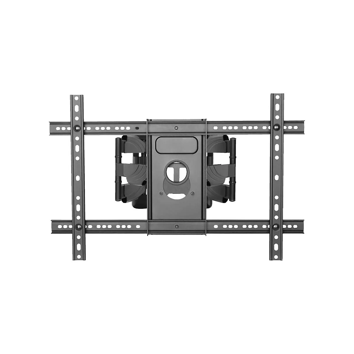 Schwarze TV-Wandhalterung, Frontansicht, vor weißem Hintergrund. Mit Löchern und Aussparungen, detailreich.