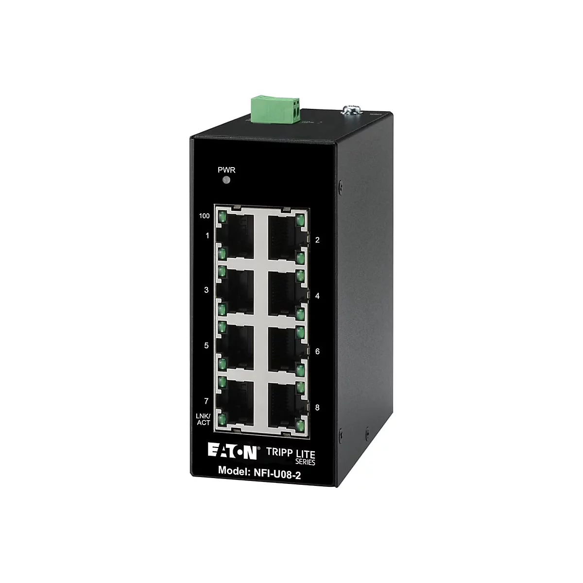 Schwarzer Netzwerk-Switch mit acht Anschlüssen, Beschriftungen und Markierungen.