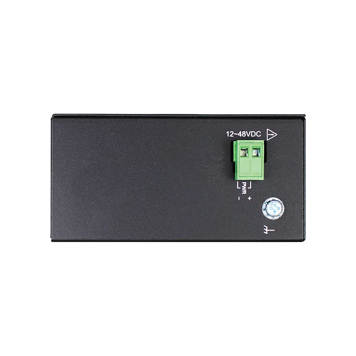 Schwarzes elektronisches Gerät, grüne Klemmen, Schriftzug 12-48VDC. Stromanschluss, PWR +, -.