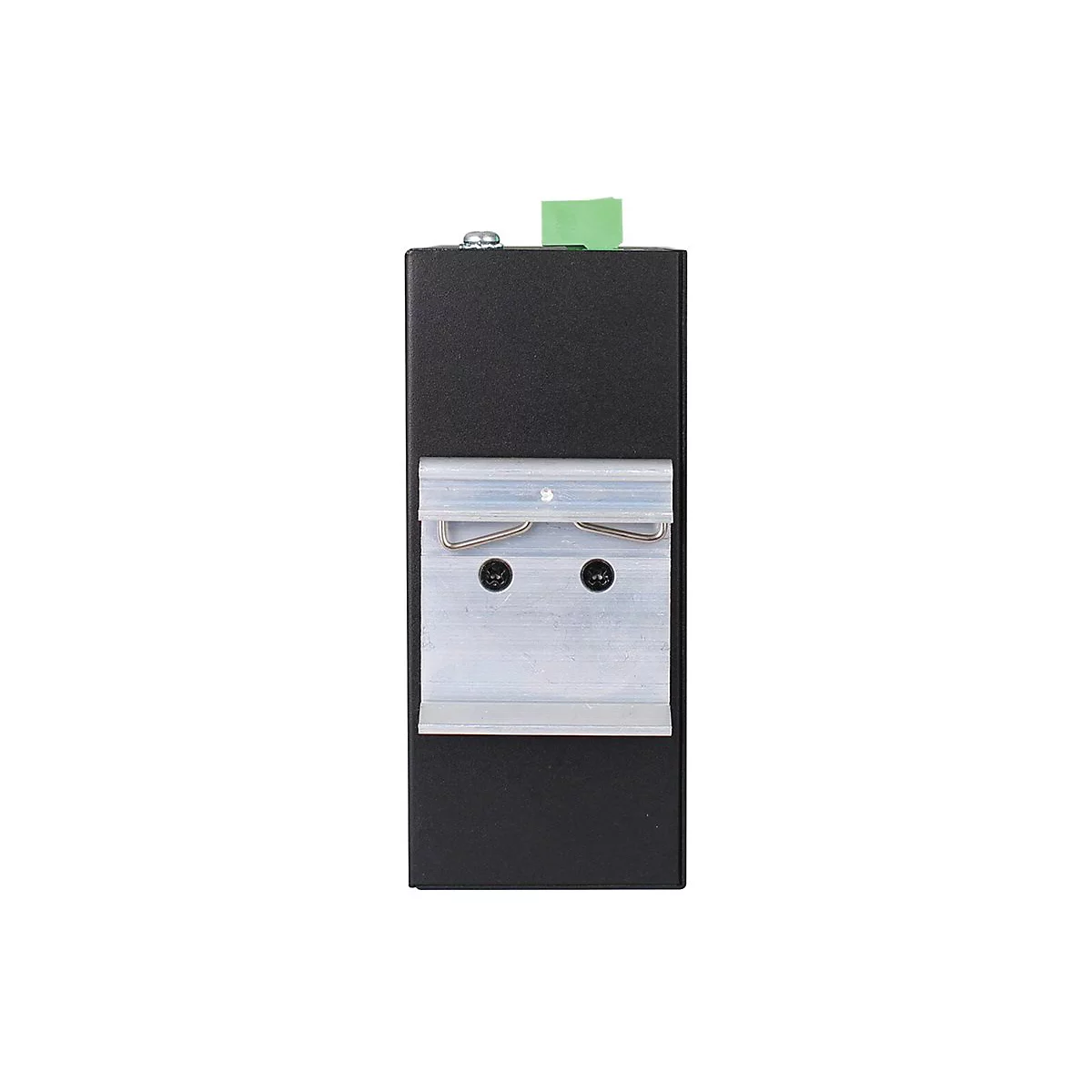 Schwarzes elektronisches Gerät mit grünem Anschluss und Metallhalterung auf weißem Hintergrund.