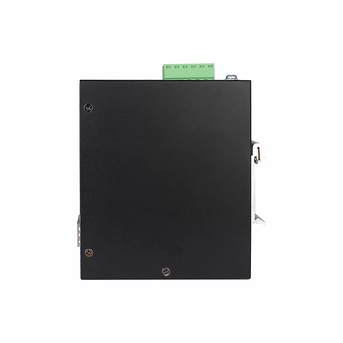 Schwarzes Metallgehäuse mit grünen Anschlüssen und Schrauben.