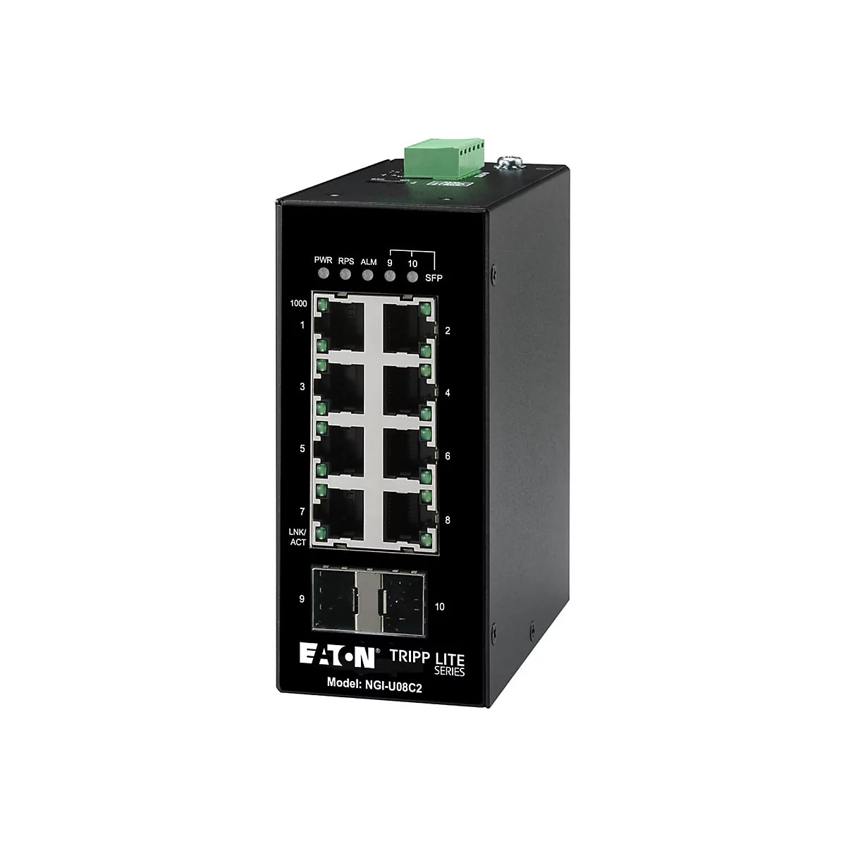 Ein schwarzer Netzwerk-Switch mit Anschlüssen, Beschriftungen und der Marke Eaton Tripp Lite. Das Modell ist NGI-U08C2.
