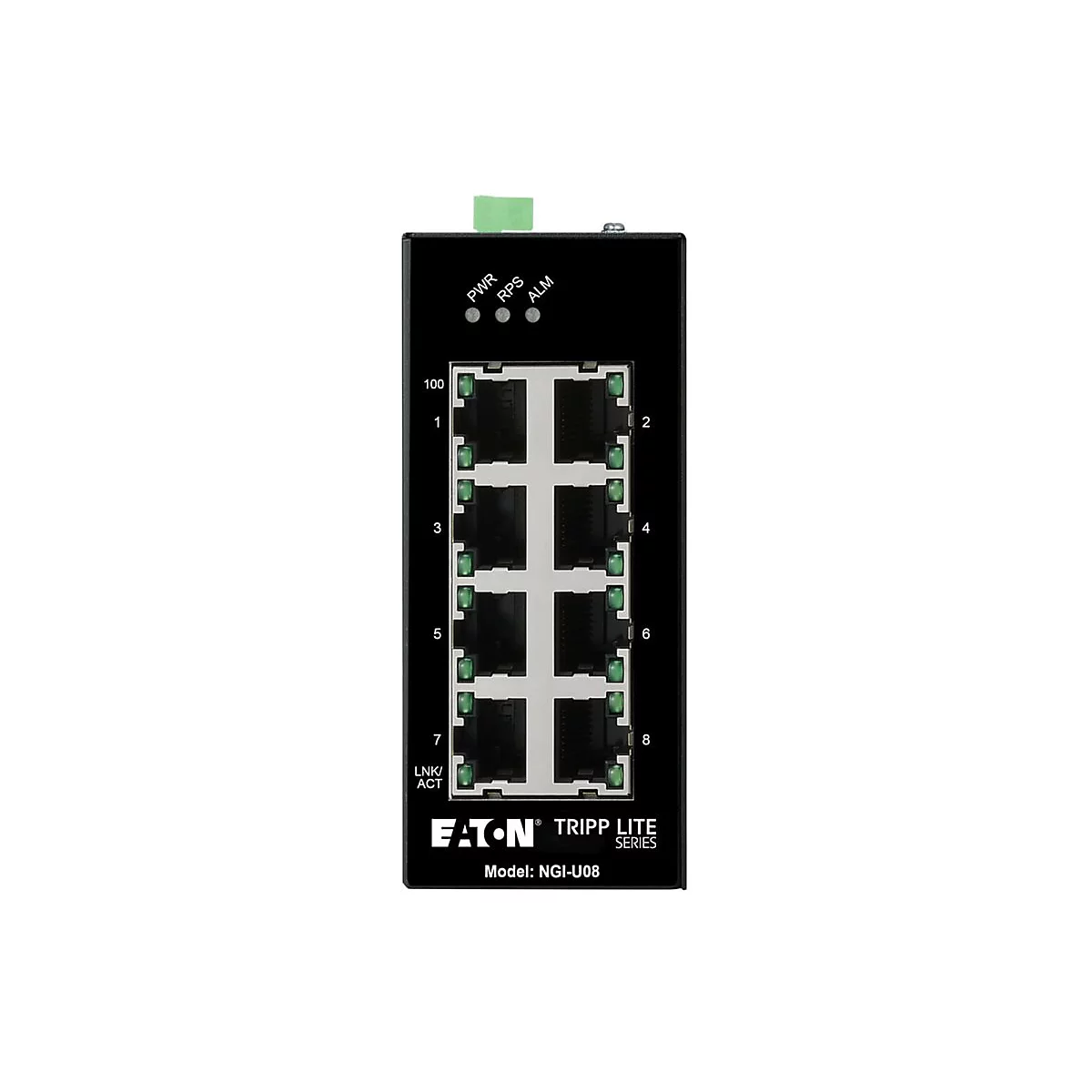 Schwarzer Netzwerk-Switch mit 8 Anschlüssen und grünen LEDs. Oben befinden sich Status-LEDs, unten steht "Eaton Tripp Lite".