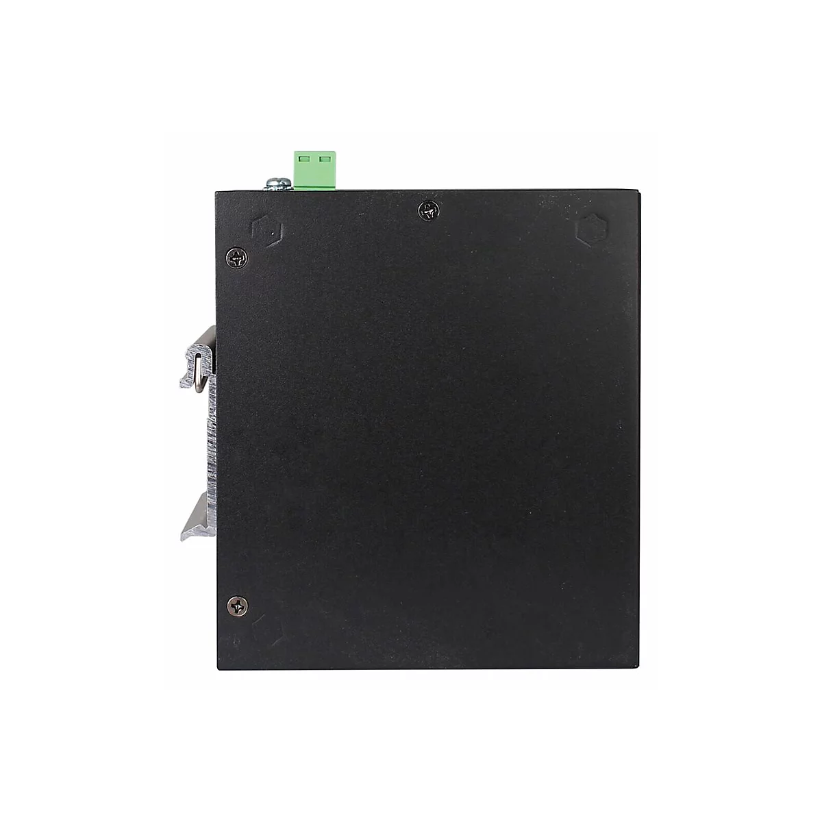 Schwarzes elektronisches Gerät, grüne Anschlussklemmen, Schrauben und Kühlkörper.