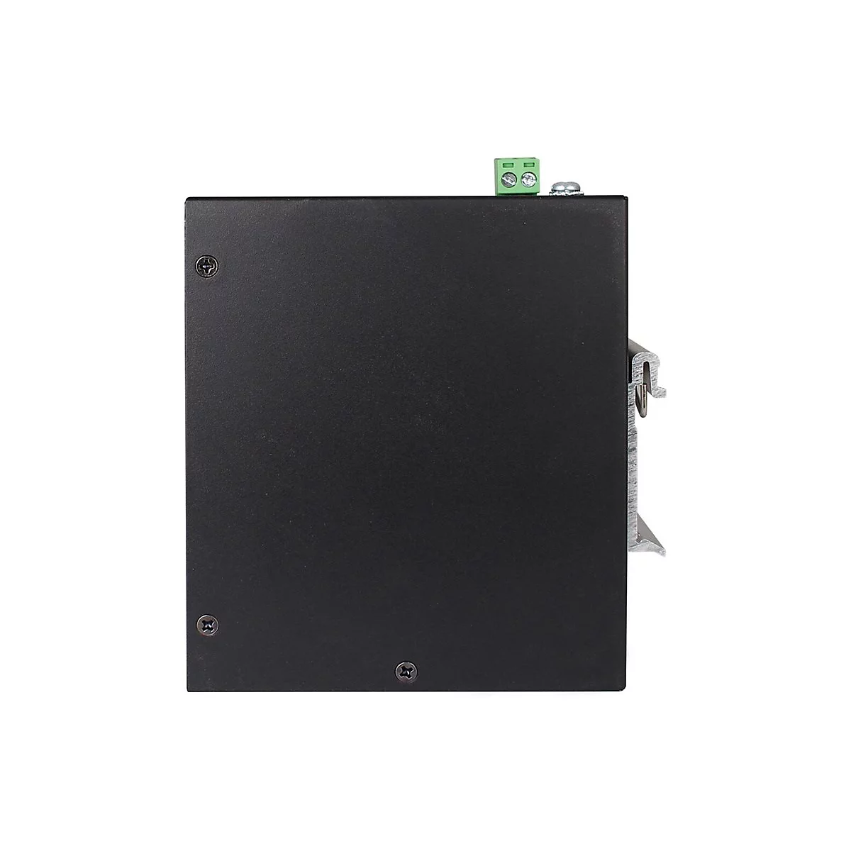 Schwarzes elektronisches Gehäuse mit Schrauben und grünem Anschluss.