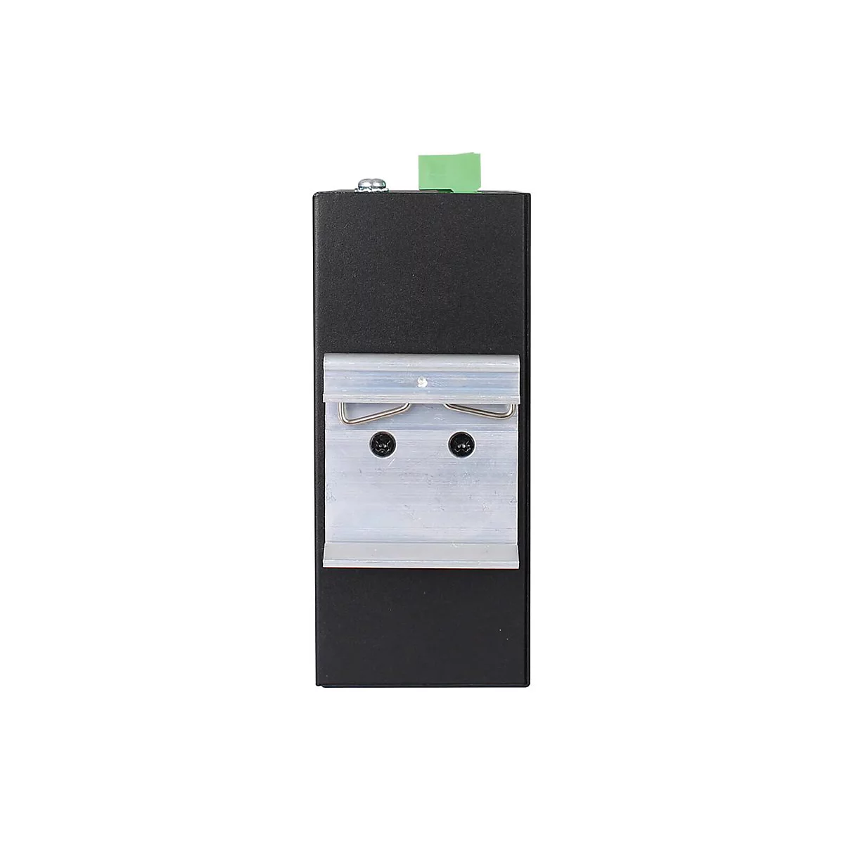 Ein schwarzes, rechteckiges Gerät mit einer silbernen Halterung und einem grünen Anschluss auf weißem Hintergrund.