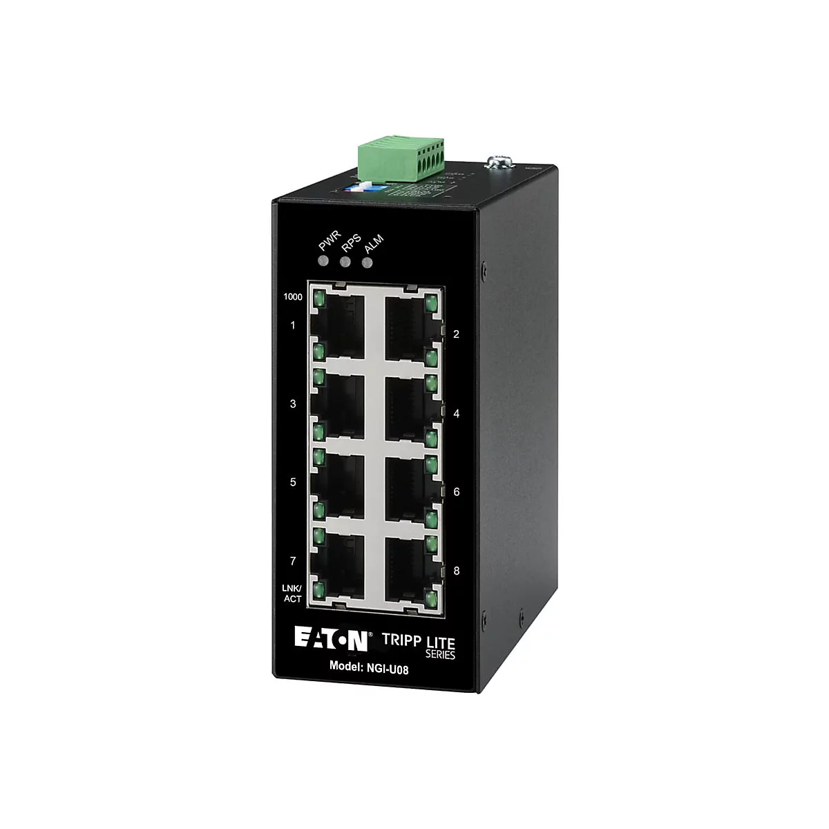 Schwarzer Netzwerk-Switch mit 8 Ports, beschriftet mit 'Eaton Tripp Lite'. Oben Anschlüsse, unten Modellbezeichnung. LEDs zeigen Status.