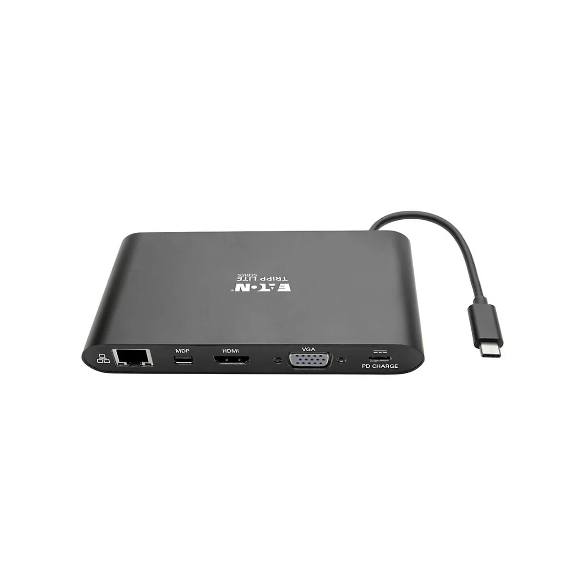 Schwarzer Eaton Tripp Lite Adapter mit Anschlüssen wie HDMI, VGA und PD Charge, Kabel. Aufschrift: EATON TRIPPLITE SERIES.