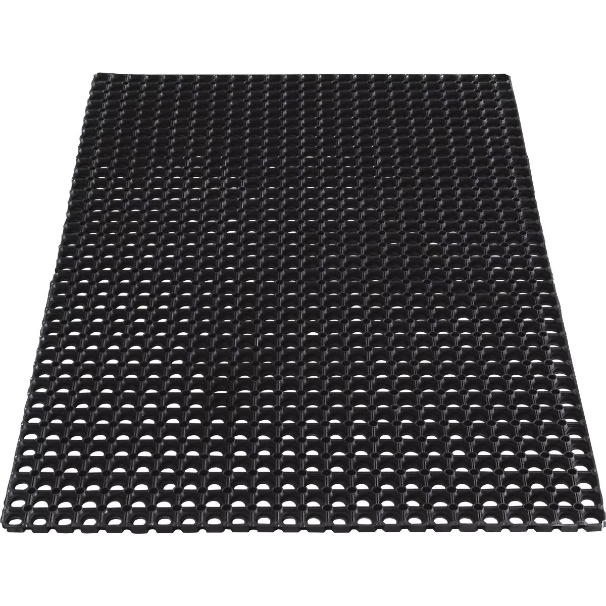 Alfombra de goma negra con aberturas en forma de panal.