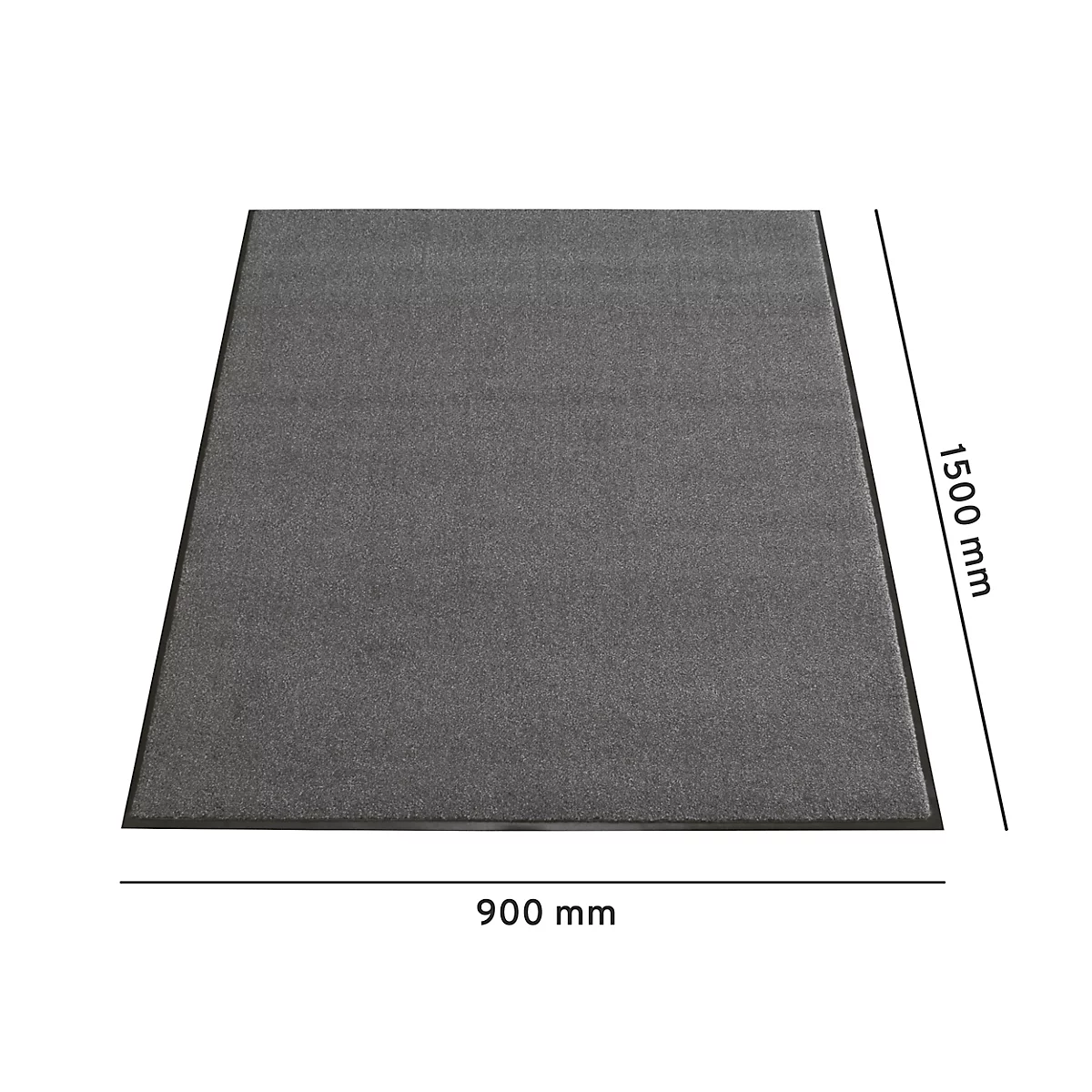 Grijze rechthoekige deurmat, afmetingen: 900 x 1500 mm. Zwarte rand.