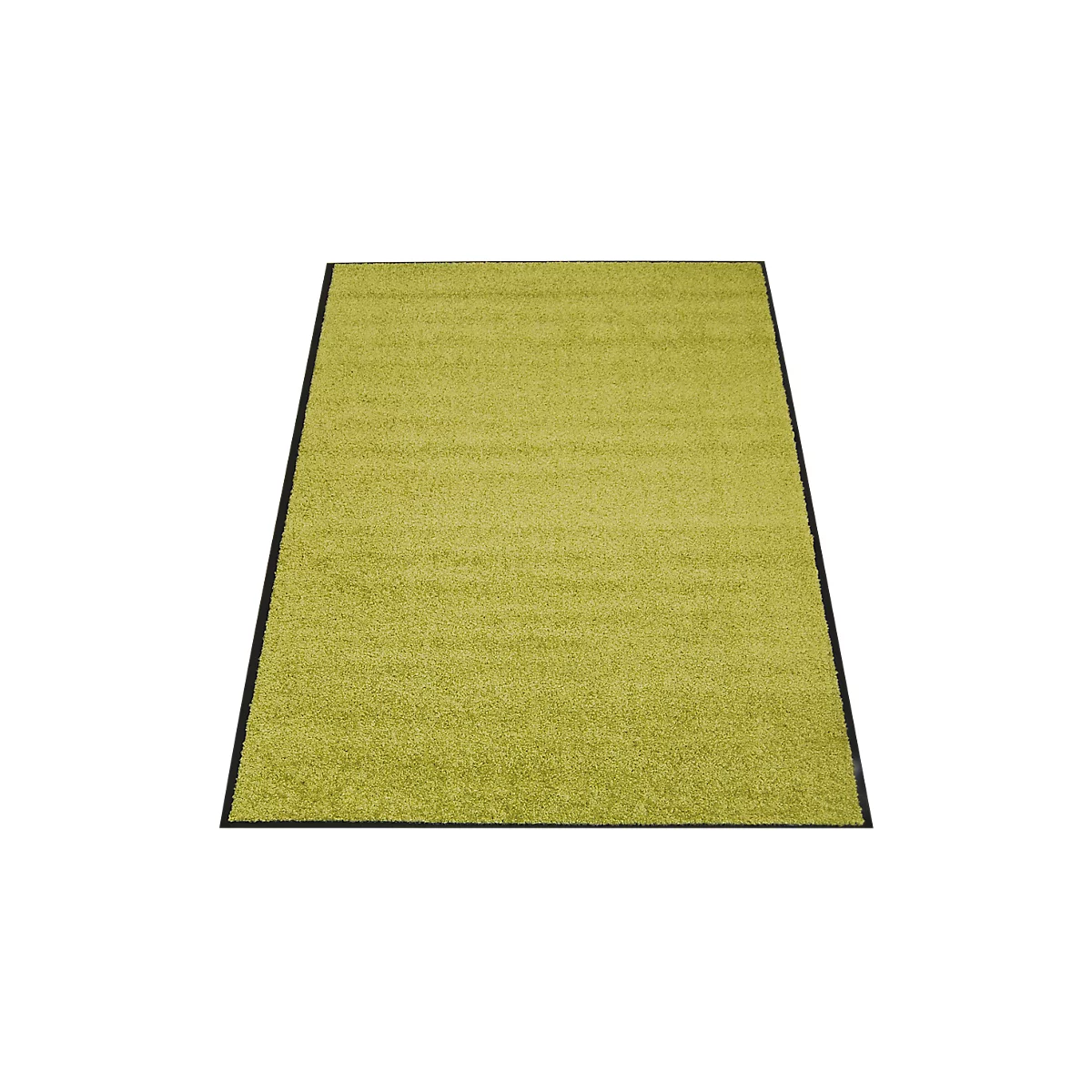 A rectangular green rug with a black border, lying on a white background.