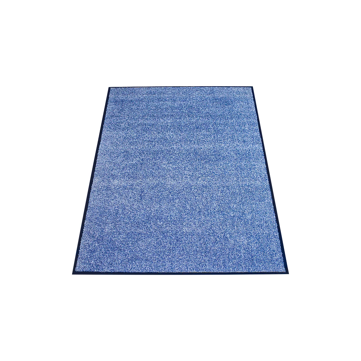 Alfombra azul con borde azul oscuro, rectangular.