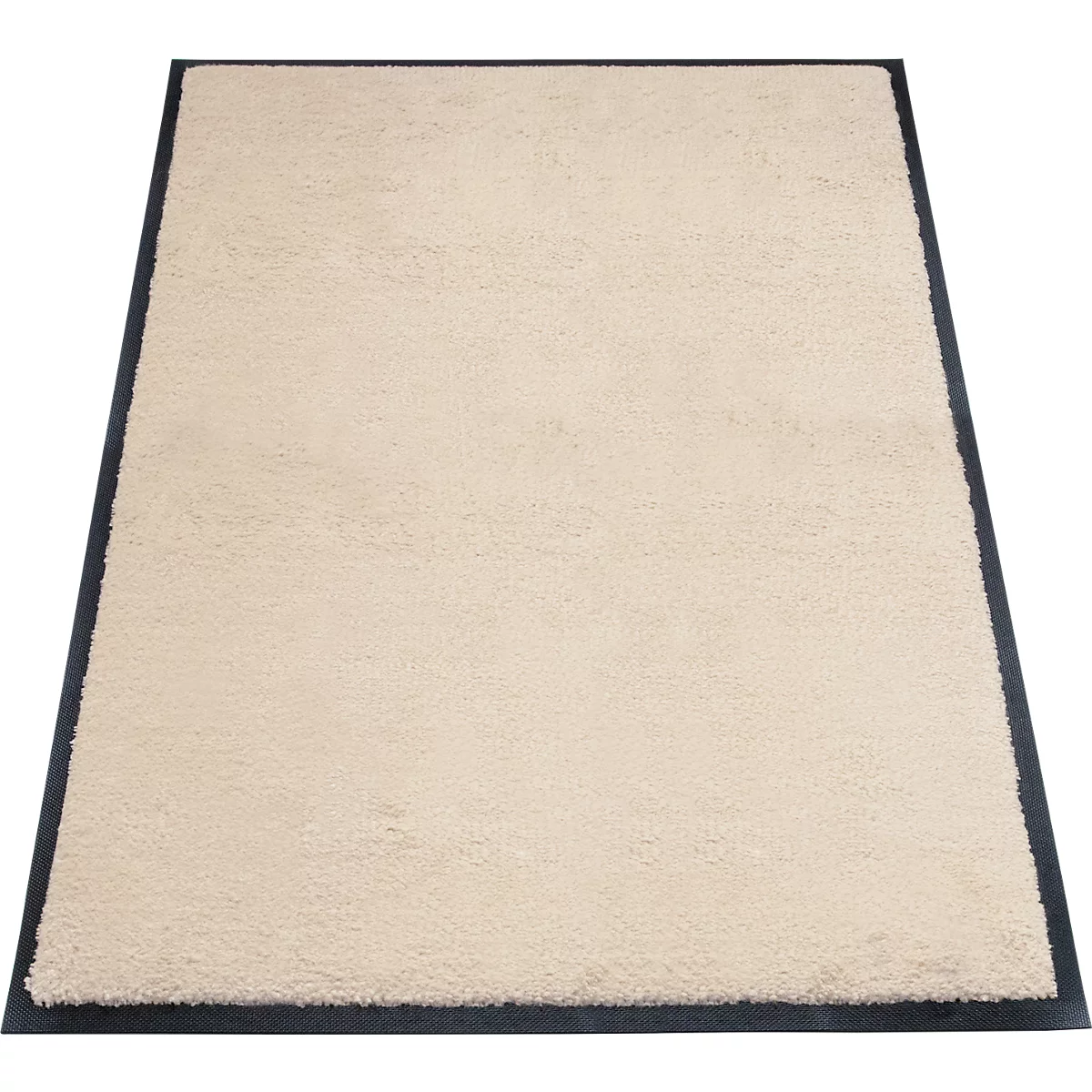 Beige tapijt met een donkerblauwe rand, lichte perspectief.