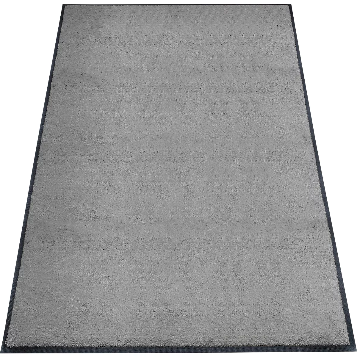 Grijze vloerkleed met donkere rand. Het vloerkleed is rechthoekig en licht schuin van bovenaf genomen.