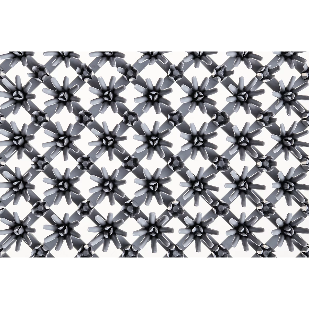 Regelmatig, roosterachtig patroon van grijs-metalen, stervormige structuren op een witte achtergrond.