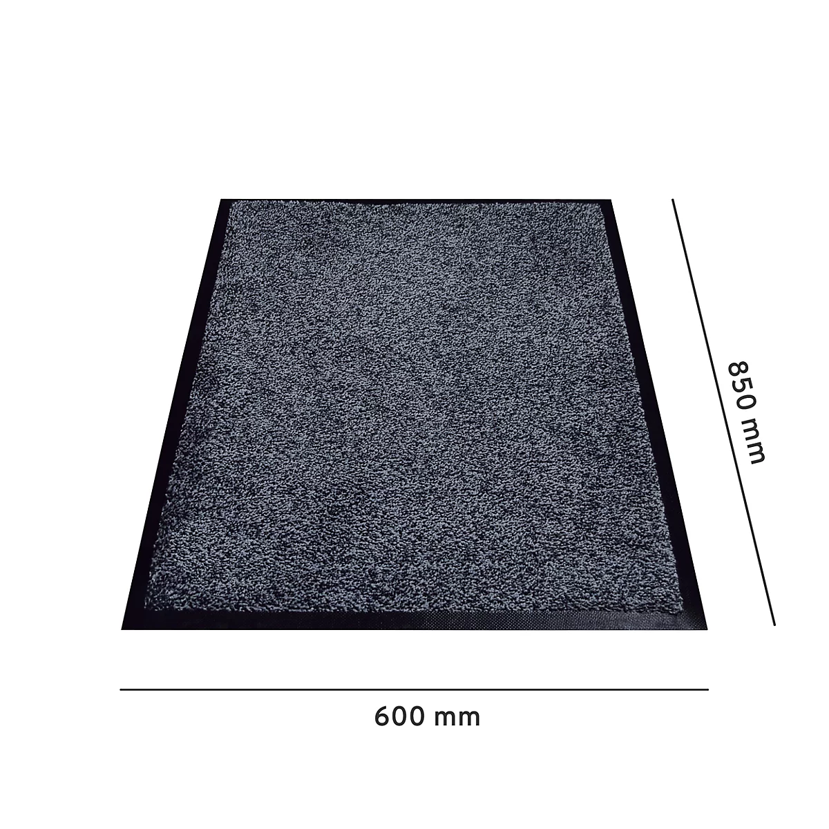 Felpudo gris con borde negro, dimensiones 600 x 850 mm. La parte superior es rugosa y de estructura gruesa.