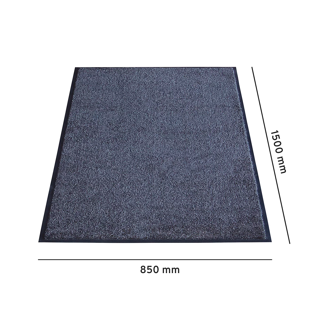 Una alfombra rectangular gris con bordes negros, dimensiones 850 x 1500 mm.