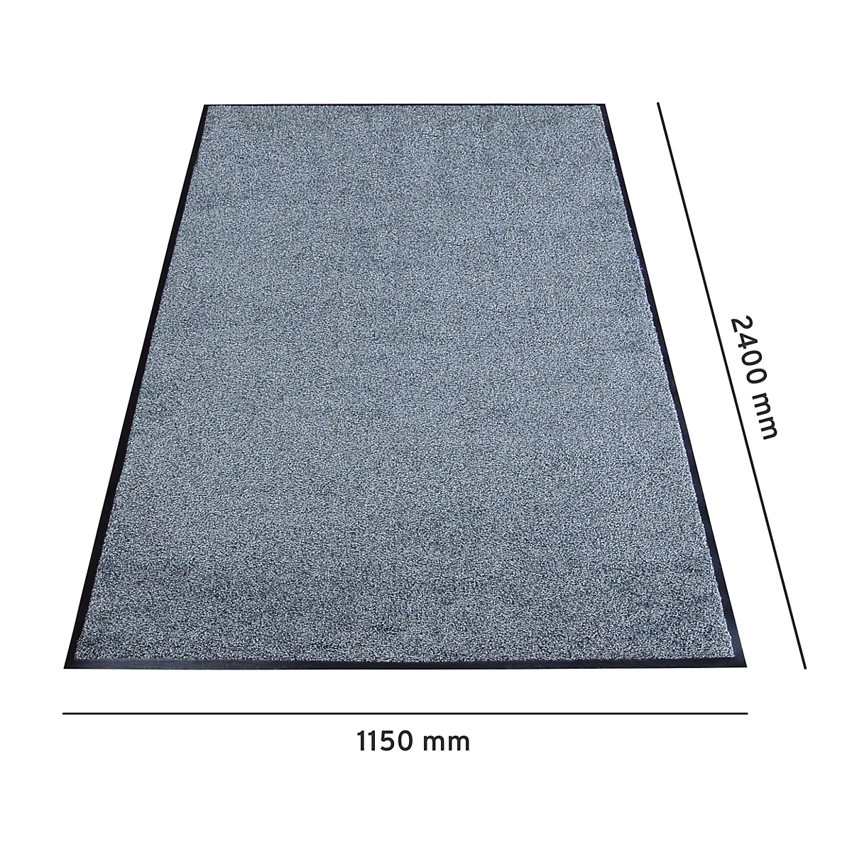 Grijze deurmat met zwarte randen, afmetingen zijn aangegeven: 1150mm x 2400mm.