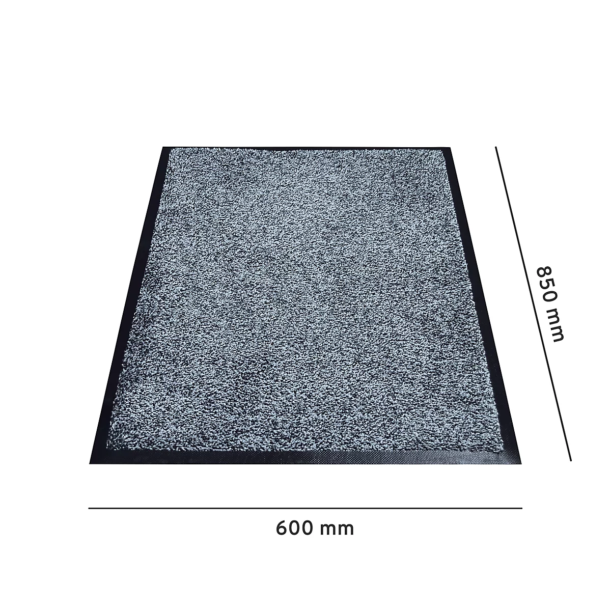 Grijze deurmat met zwarte rand. Afmetingen: 600 mm x 850 mm.