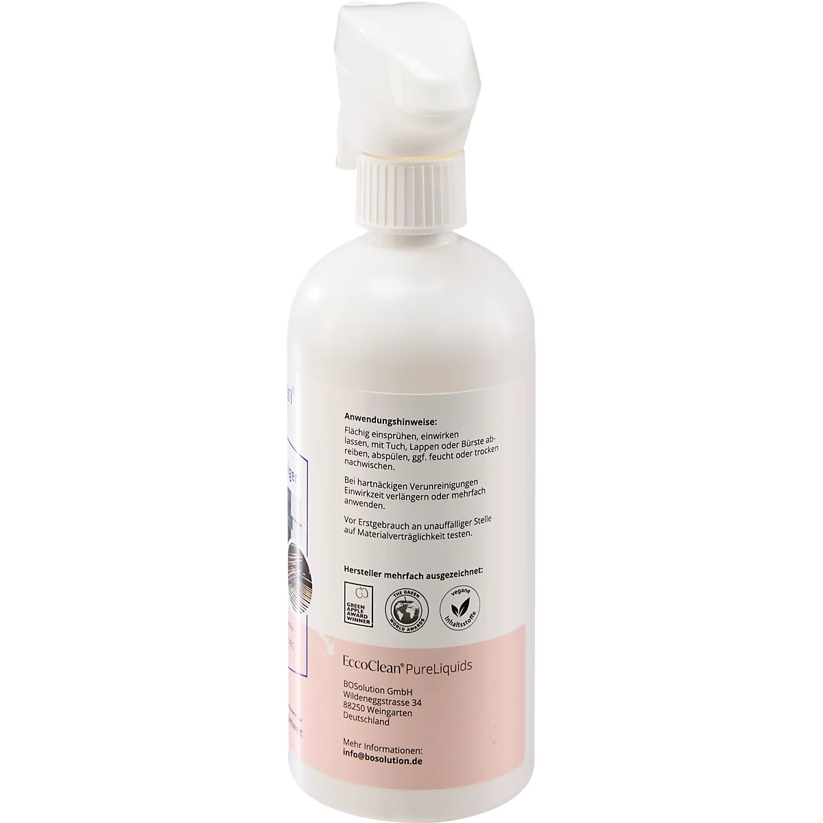 Eine weiße Sprühflasche mit Aufdrucken. Auf der Rückseite sind Text und Logos abgebildet.