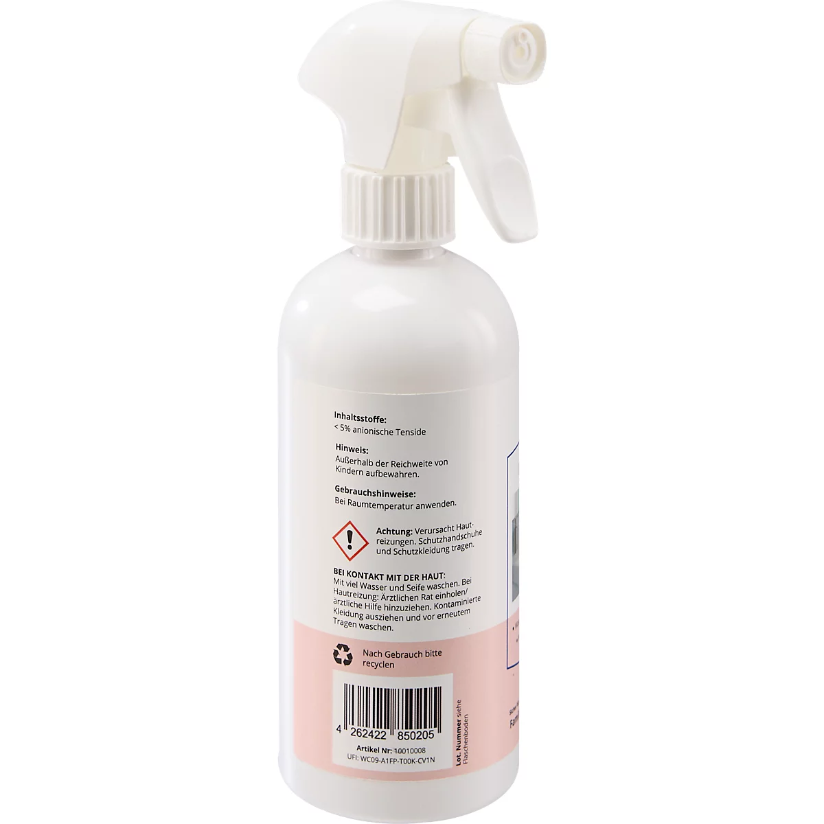 Flacon pulvérisateur blanc avec informations sur le produit et code-barres. Une zone rose est visible en arrière-plan.