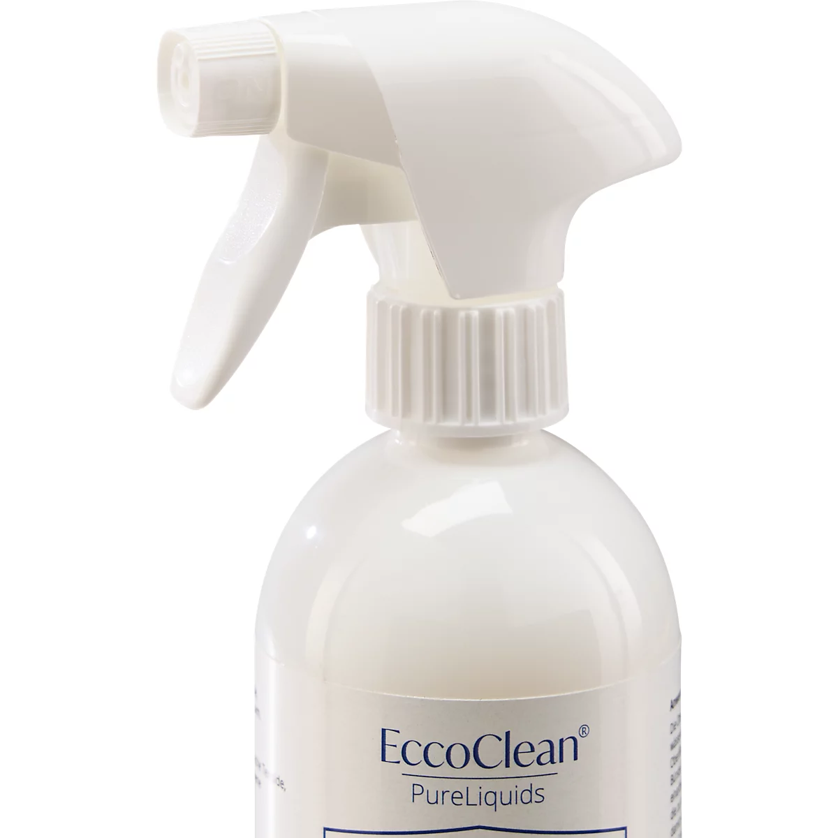 Gros plan sur un flacon pulvérisateur blanc. La tête de pulvérisation est à gauche et le logo EccoClean est visible en bas à droite.