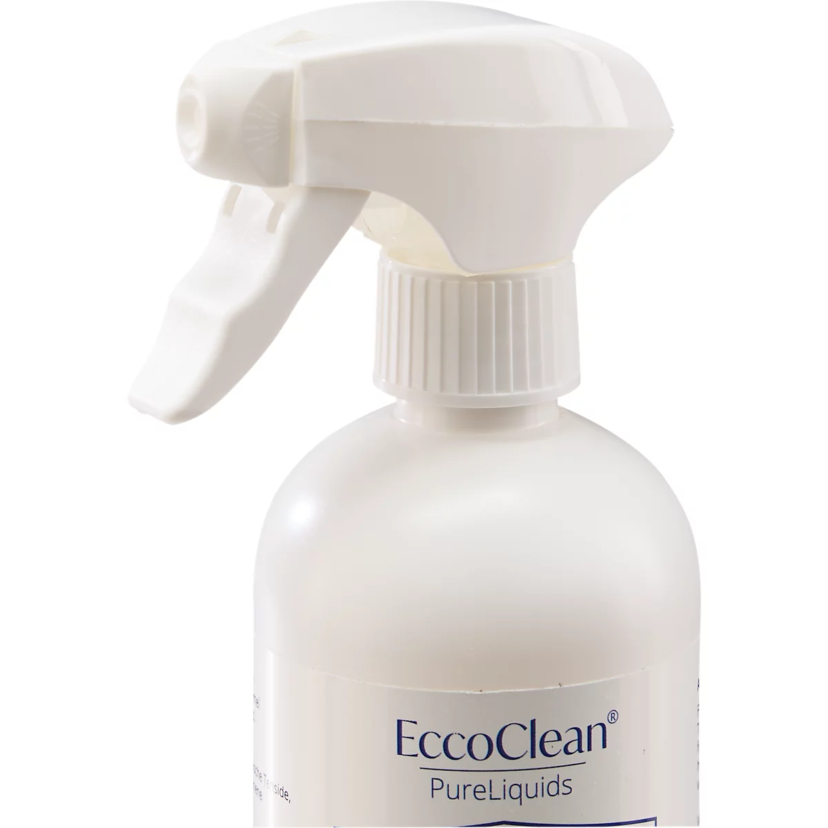 Gros plan d'un flacon pulvérisateur blanc. La tête de pulvérisation est positionnée à gauche, en dessous se trouve le col de la bouteille, qui indique 'EccoClean PureLiquids'.