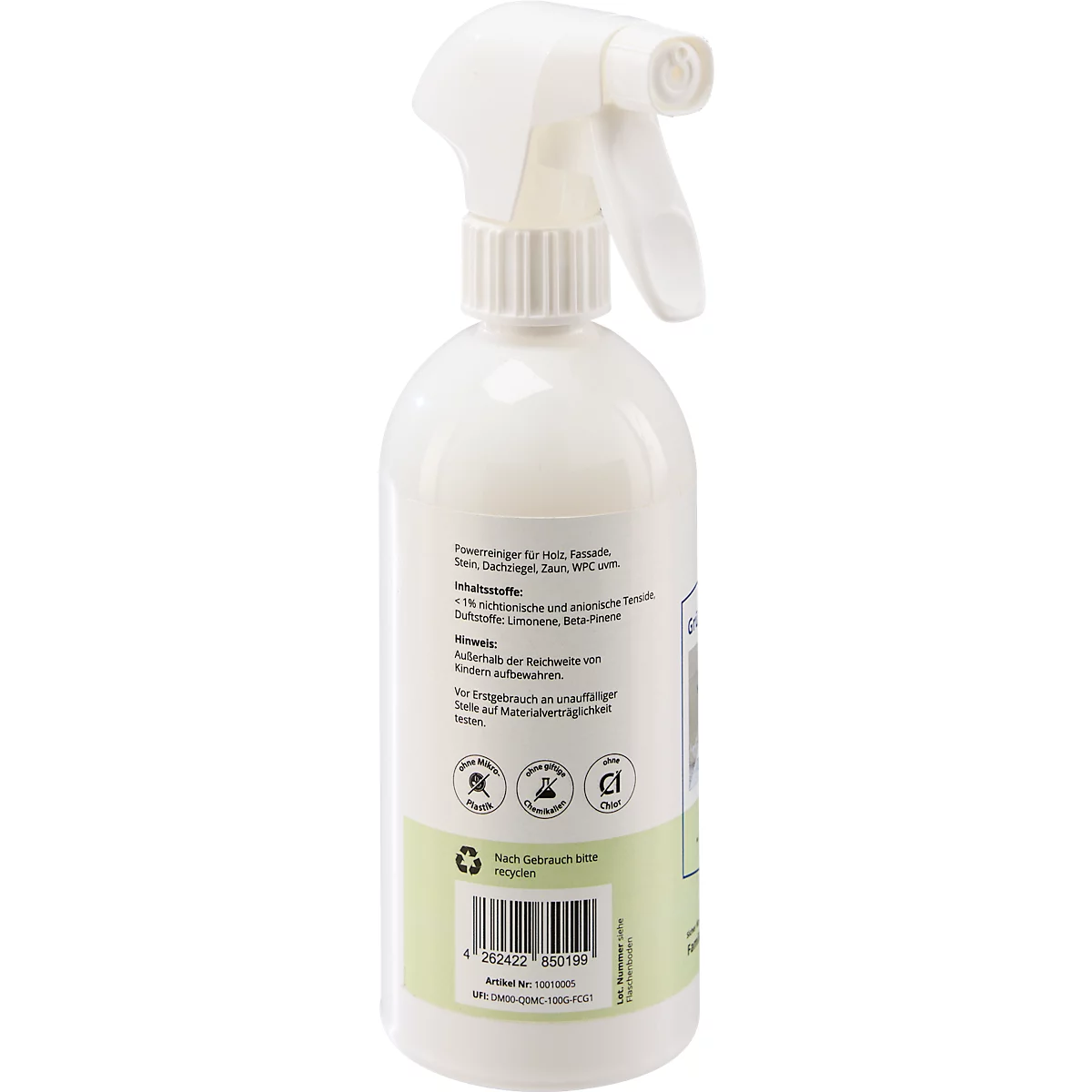 Witte spuitfles met tekst en barcode. Opschrift: "Reiniger voor glas, asfalt, douchegel, etc."