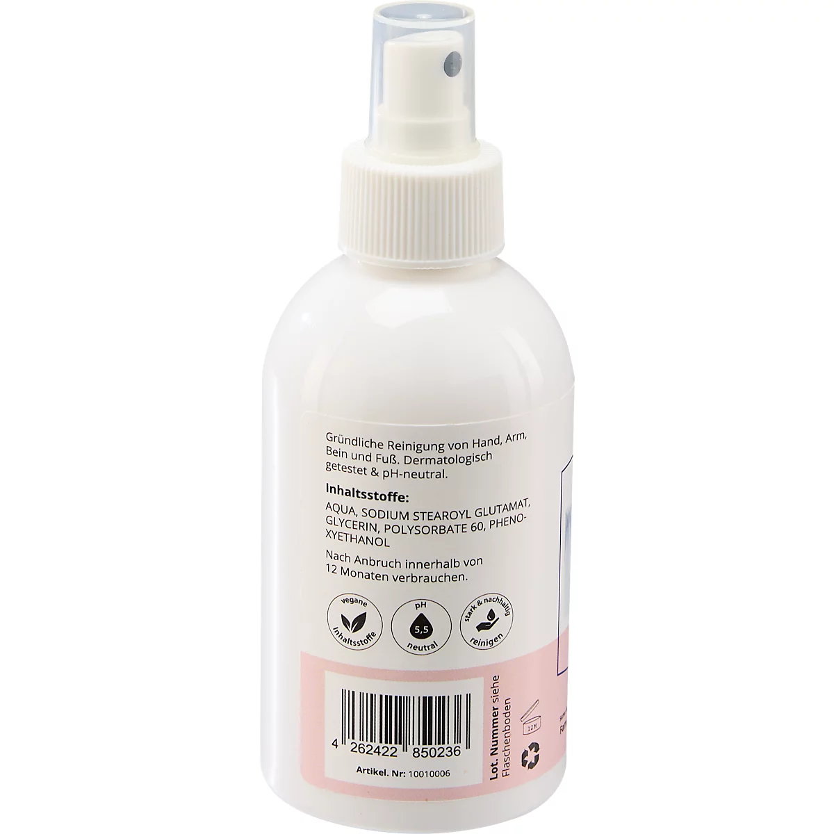 Witte spuitfles met productinformatie en barcode. Opschrift: Reiniging van de huid, dermatologisch getest. Bevat ingrediënten.