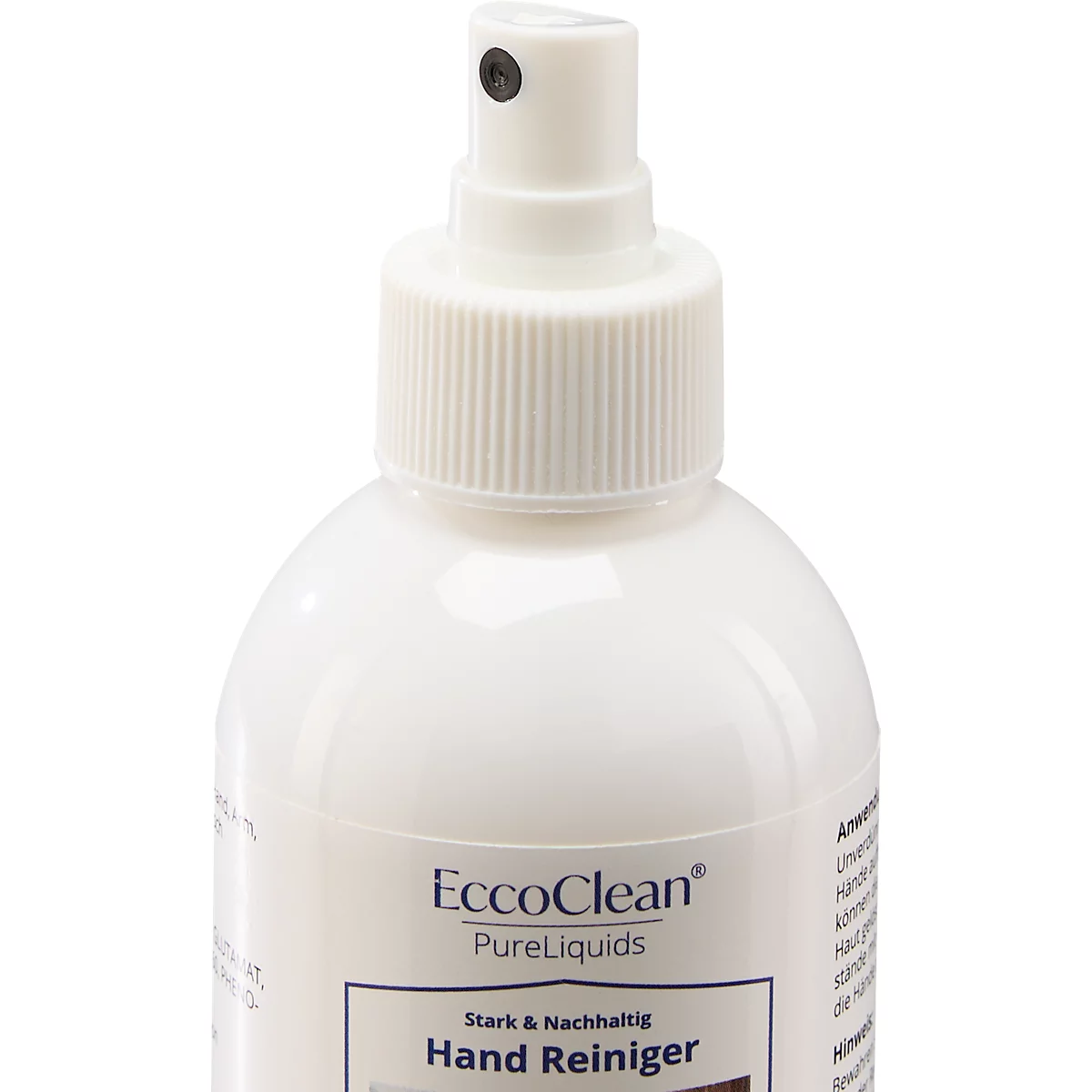 Close-up van een witte spuitfles met de tekst 'EccoClean Handreiniger'.