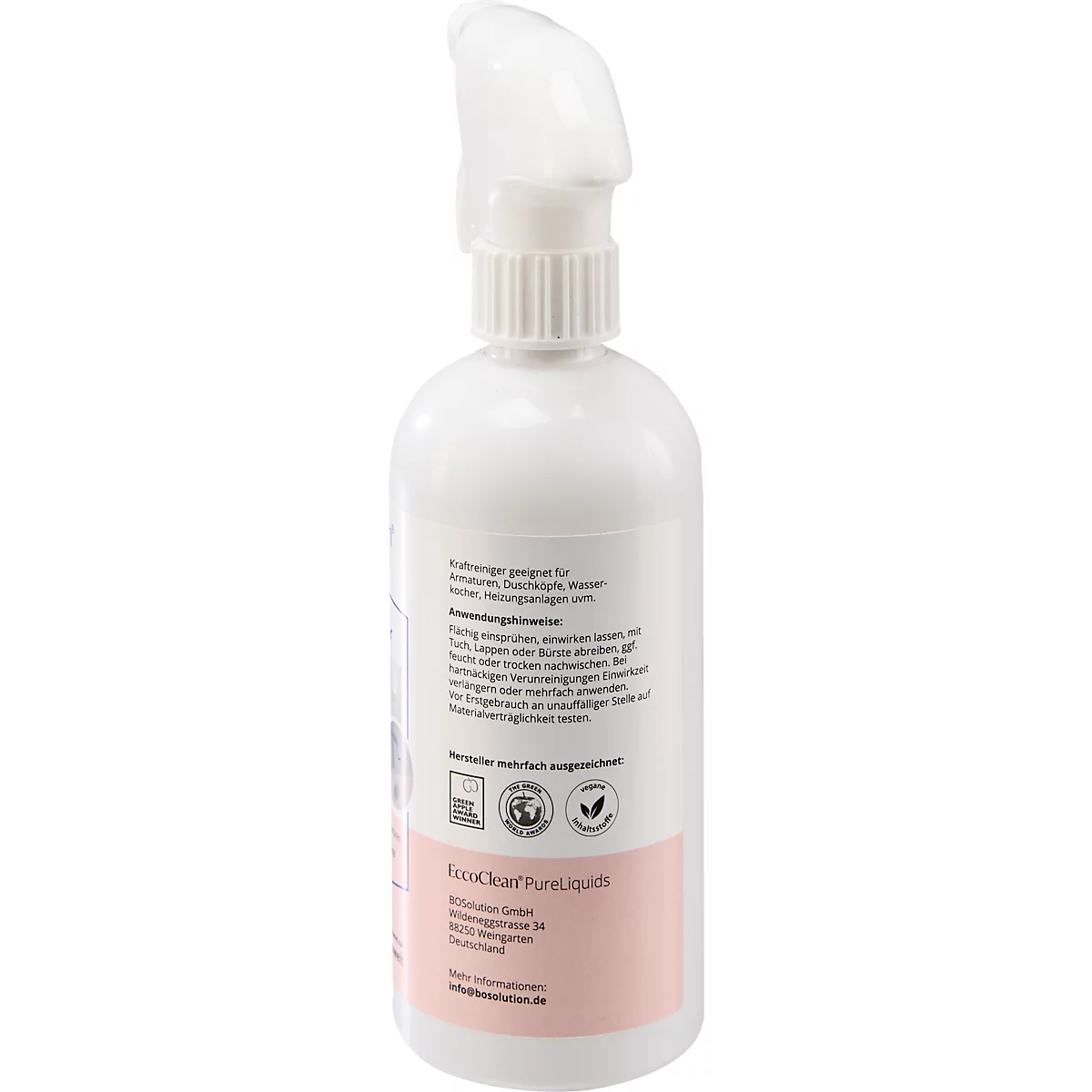 Eine weiße Sprühflasche mit rosa Etikett. Aufgedruckter Text und Siegel.