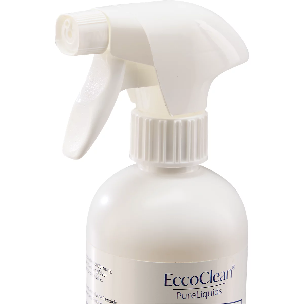 Close-up van een witte spuitfles met de opdruk "EccoClean". De sproeikop is ook wit.