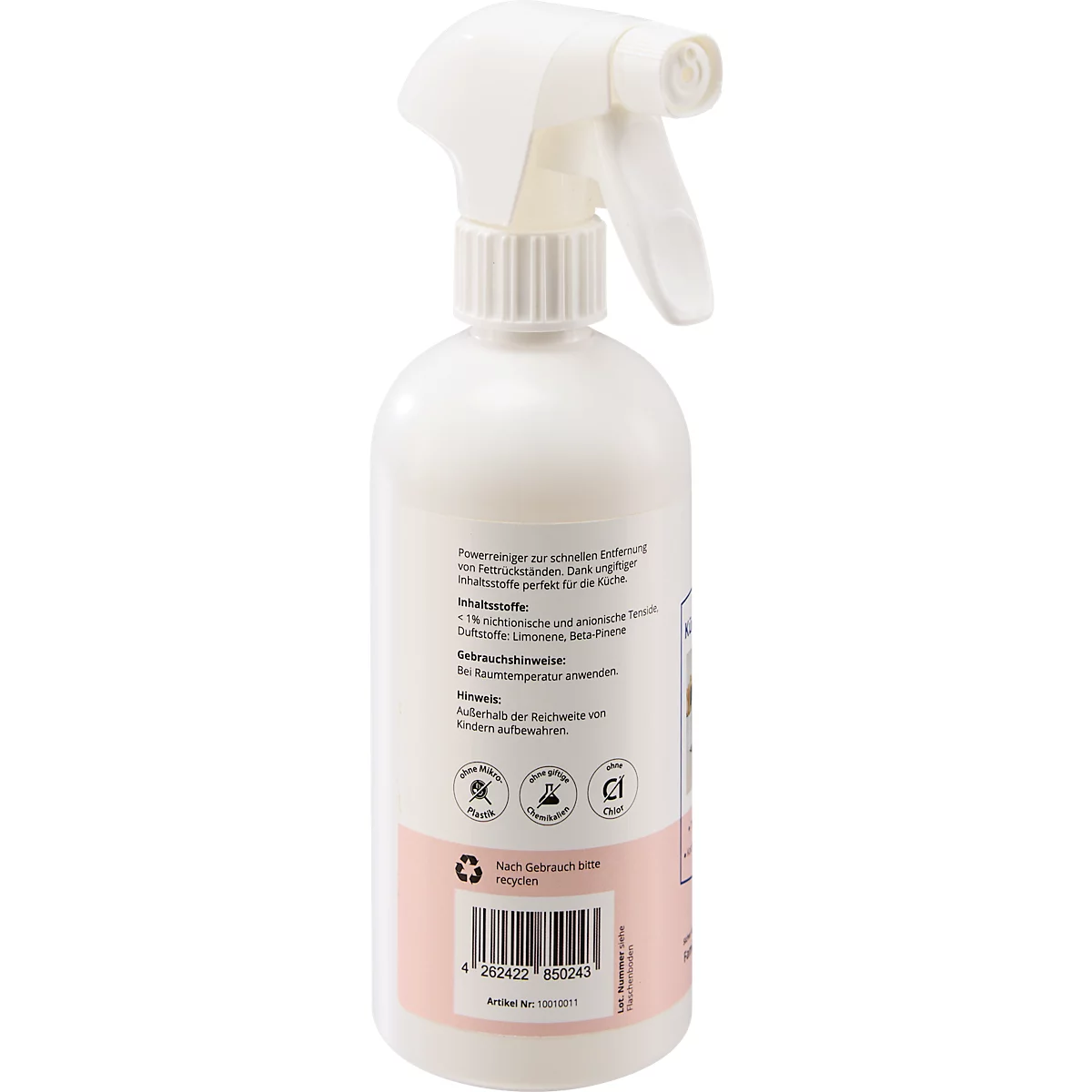 Eine weiße Sprühflasche mit rosa Etikett. Auf dem Etikett Text und Symbole.