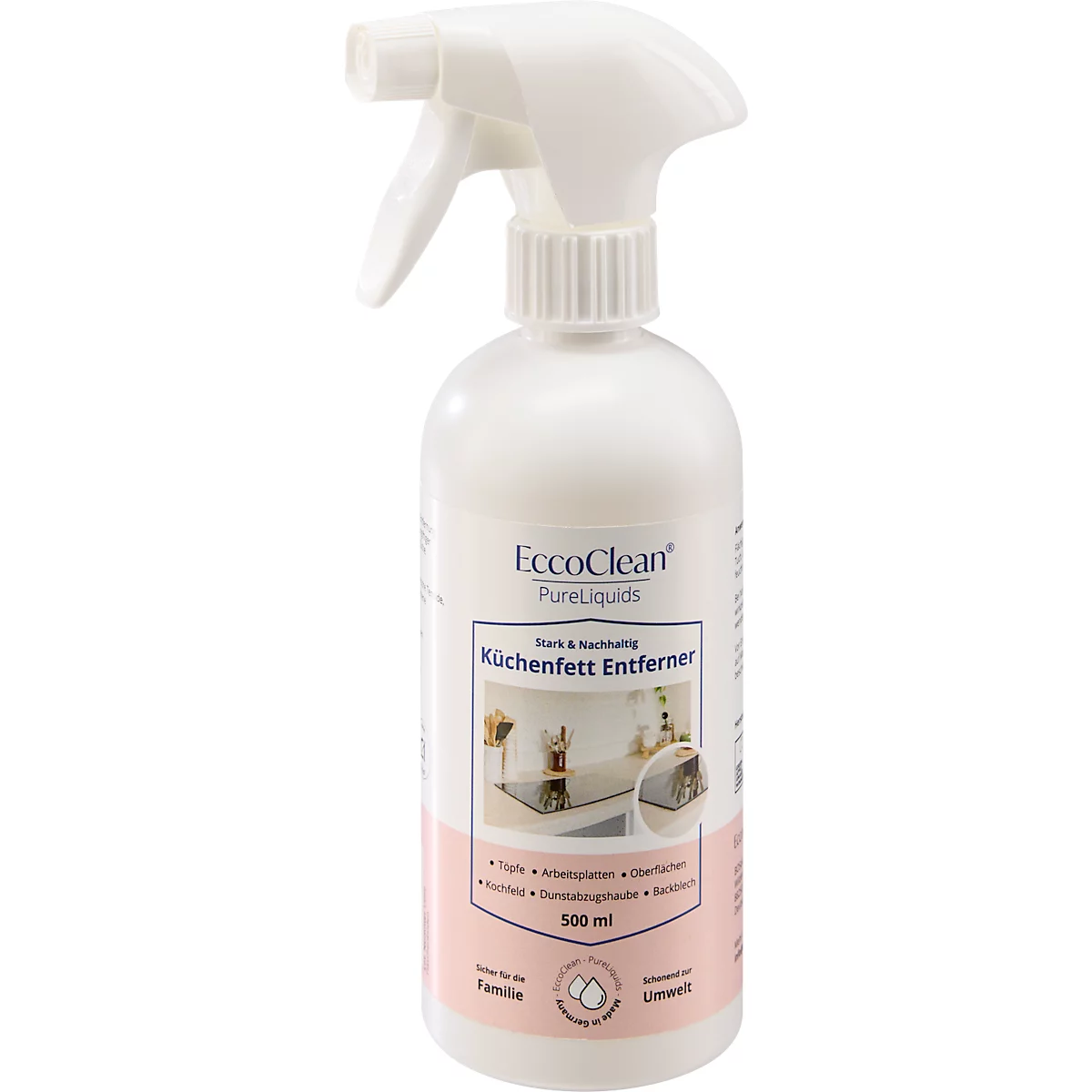 Flacon pulvérisateur blanc avec l'inscription EccoClean Kitchen Grease Remover.