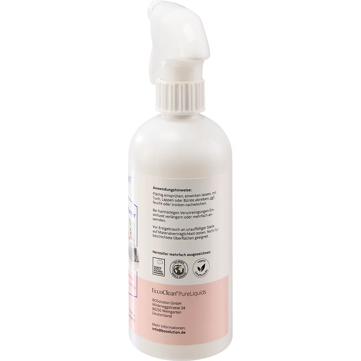 Bouteille blanche avec tête de pulvérisation, texte en allemand, étiquette rose.