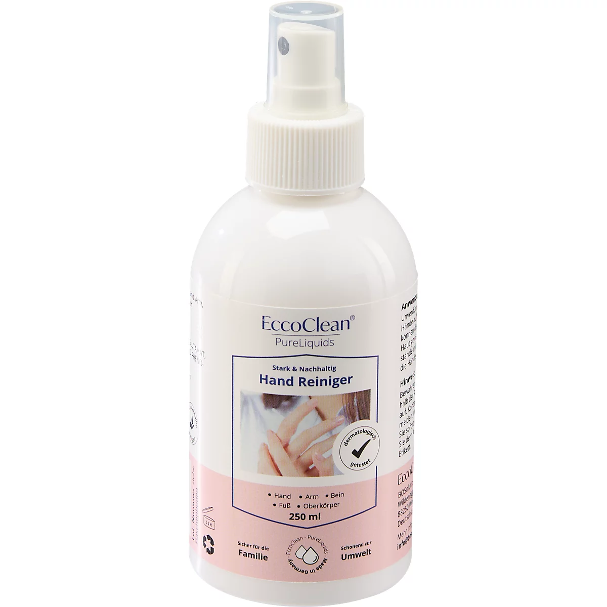Flacon spray blanc avec nettoyant pour les mains EccoClean. Inscription : Handreiniger, 250 ml.