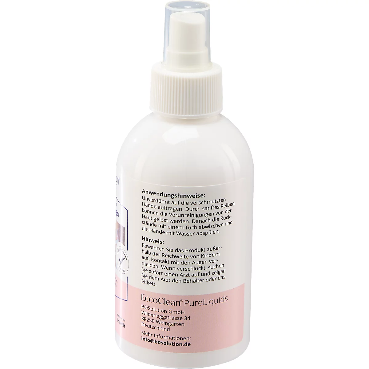 Un flacon spray blanc avec une étiquette rose, avec du texte en allemand. La tête de pulvérisation est transparente, avec un bouchon blanc en dessous.